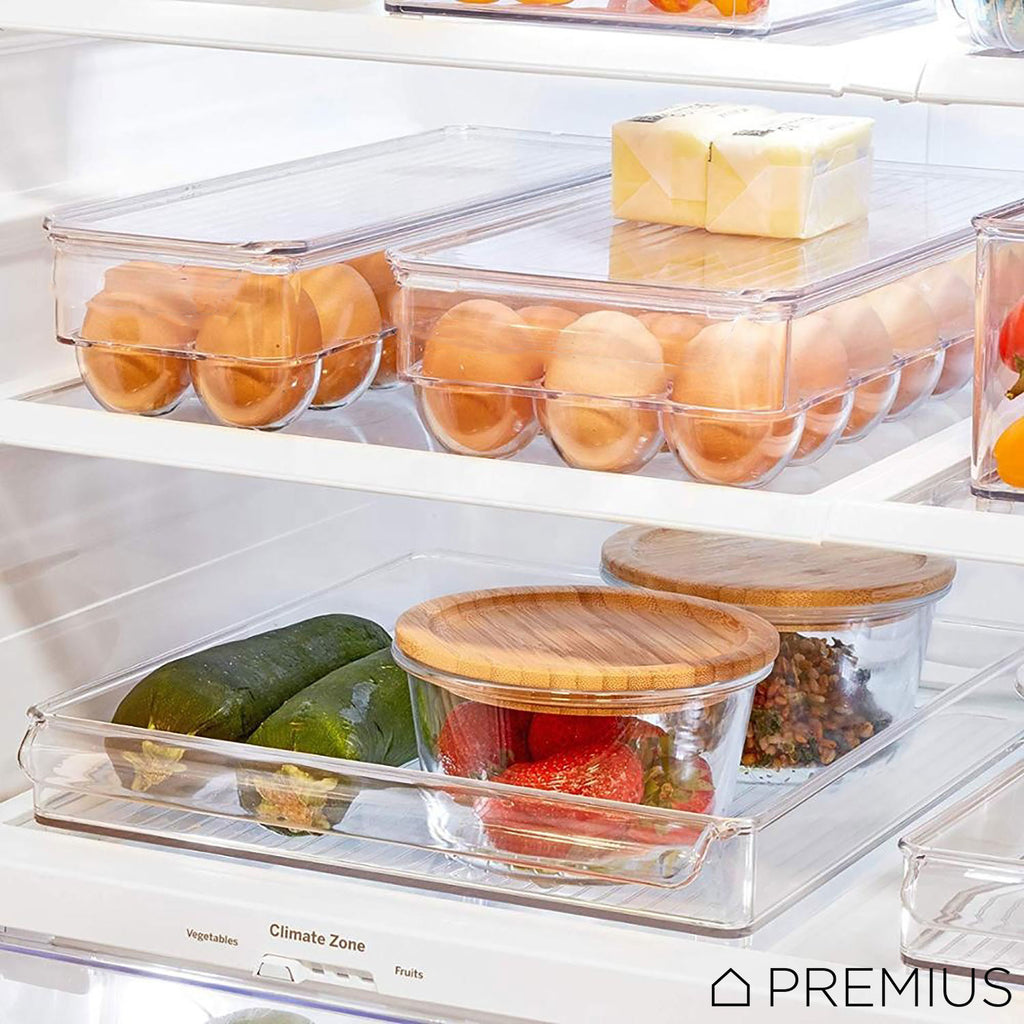 PREMIUS Stackable 18 Egg Holder Fridge Bin With Lid, Clear, 12.75x6.4x –  ShopBobbys