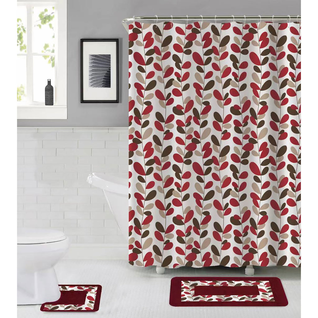 Crystal 15 Piece Vine Bathroom Mats and Shower Curtain Set, Burgundy
