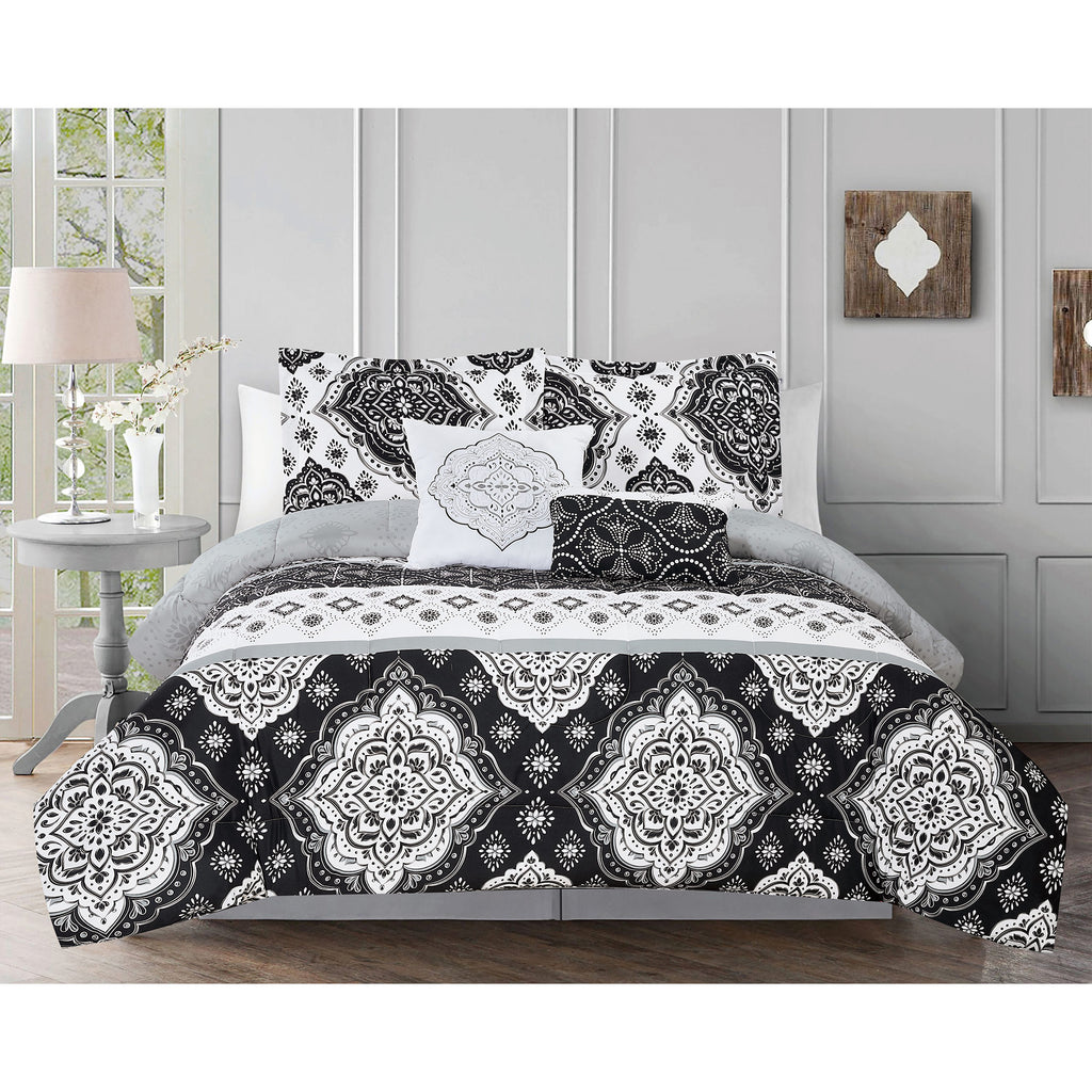 Kaskade 5 Piece Reversible Damask Comforter Set, Black-White – ShopBobbys