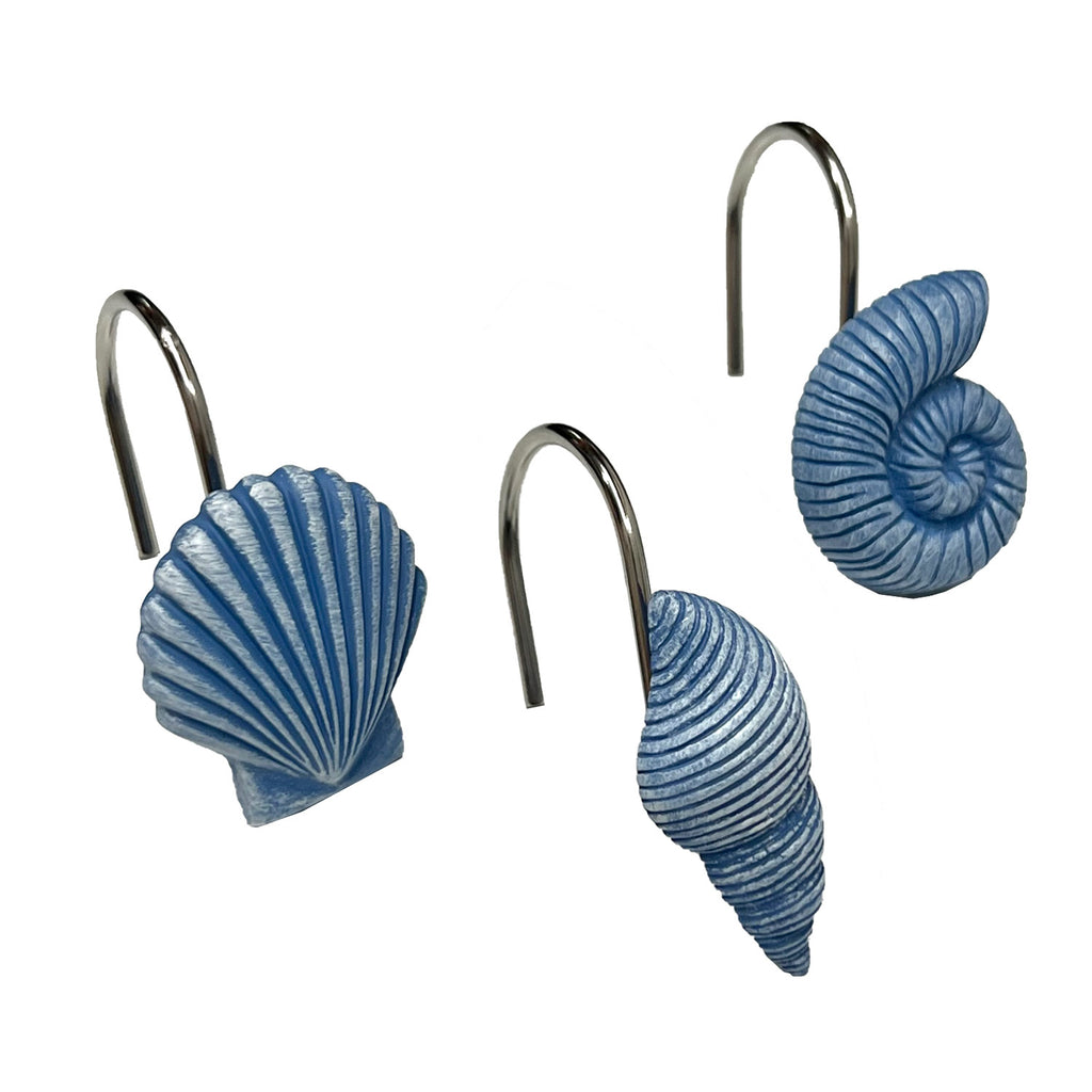 Popular Bath Sea Shell Resin Shower Curtain Hooks, Blue, 12 Pack