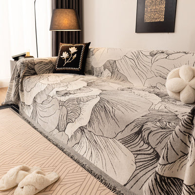 17 of 24:Modern Chenille Sofa Throw Cover, Oversized Floral Abstract Botanical Couch Protector 