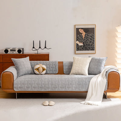 2 of 27:Quilted Velvet Sofa Cover, Thick Padded Couch Protector with Raised Geometric Texture 