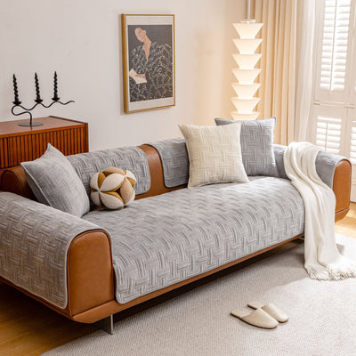 7 of 27:Quilted Velvet Sofa Cover, Thick Padded Couch Protector with Raised Geometric Texture 