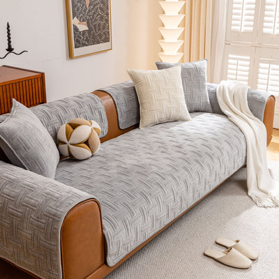 8 of 27:Quilted Velvet Sofa Cover, Thick Padded Couch Protector with Raised Geometric Texture 