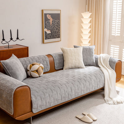 9 of 27:Quilted Velvet Sofa Cover, Thick Padded Couch Protector with Raised Geometric Texture 
