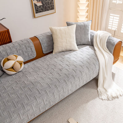 11 of 27:Quilted Velvet Sofa Cover, Thick Padded Couch Protector with Raised Geometric Texture 