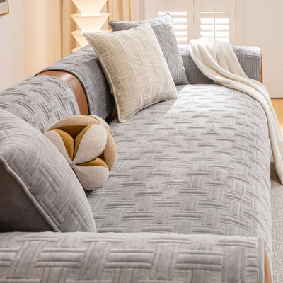 12 of 27:Quilted Velvet Sofa Cover, Thick Padded Couch Protector with Raised Geometric Texture 