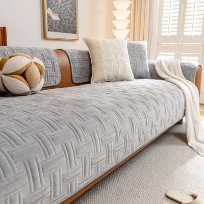 14 of 27:Quilted Velvet Sofa Cover, Thick Padded Couch Protector with Raised Geometric Texture 