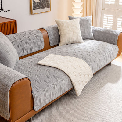15 of 27:Quilted Velvet Sofa Cover, Thick Padded Couch Protector with Raised Geometric Texture 