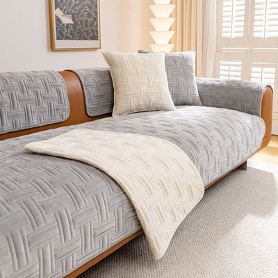 16 of 27:Quilted Velvet Sofa Cover, Thick Padded Couch Protector with Raised Geometric Texture 