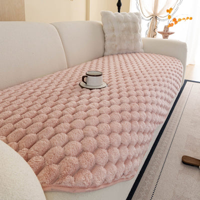 19 of 24:Faux Rabbit Fur Sofa Topper, Plush Non-Slip Couch Protector Cover for Pets & Kids 