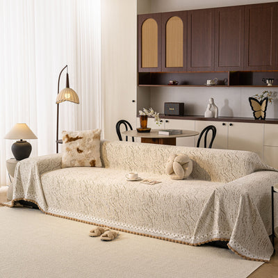 28 of 31:Luxury Elegant Chenille Sofa Throw Cover with Floral Embroidered Lace & Pom-Pom Trim 