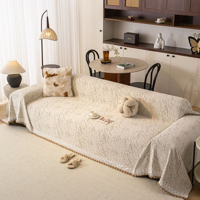 6 of 31:Luxury Elegant Chenille Sofa Throw Cover with Floral Embroidered Lace & Pom-Pom Trim 