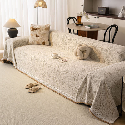 27 of 31:Luxury Elegant Chenille Sofa Throw Cover with Floral Embroidered Lace & Pom-Pom Trim 