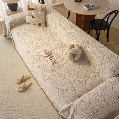 10 of 31:Luxury Elegant Chenille Sofa Throw Cover with Floral Embroidered Lace & Pom-Pom Trim 