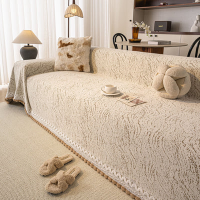 26 of 31:Luxury Elegant Chenille Sofa Throw Cover with Floral Embroidered Lace & Pom-Pom Trim 