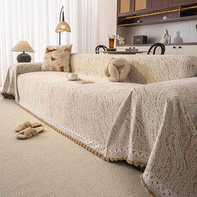 25 of 31:Luxury Elegant Chenille Sofa Throw Cover with Floral Embroidered Lace & Pom-Pom Trim 