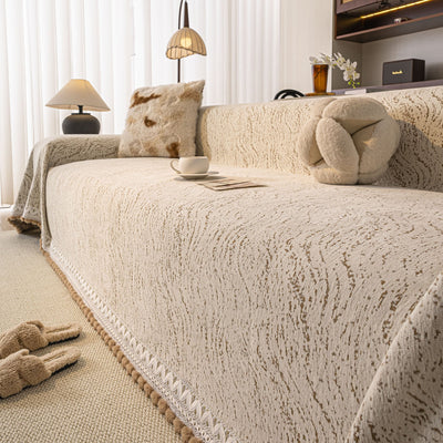 11 of 31:Luxury Elegant Chenille Sofa Throw Cover with Floral Embroidered Lace & Pom-Pom Trim 