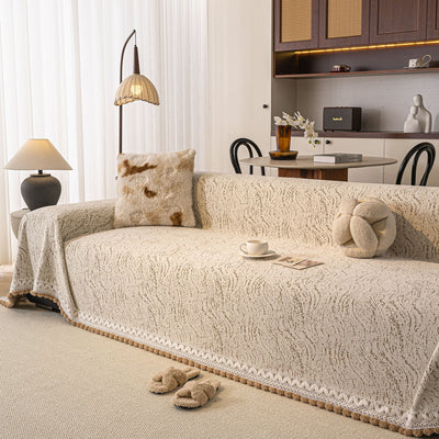 24 of 31:Luxury Elegant Chenille Sofa Throw Cover with Floral Embroidered Lace & Pom-Pom Trim 