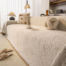 23 of 31:Luxury Elegant Chenille Sofa Throw Cover with Floral Embroidered Lace & Pom-Pom Trim 