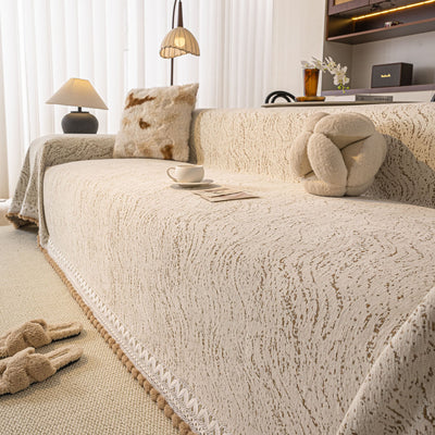 23 of 31:Luxury Elegant Chenille Sofa Throw Cover with Floral Embroidered Lace & Pom-Pom Trim 