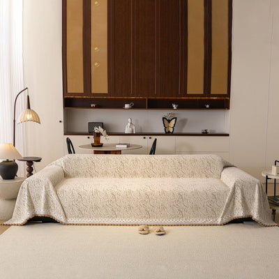 29 of 31:Luxury Elegant Chenille Sofa Throw Cover with Floral Embroidered Lace & Pom-Pom Trim 