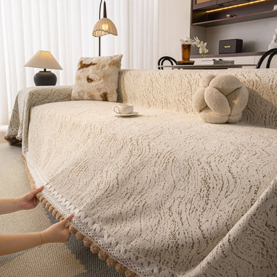 15 of 31:Luxury Elegant Chenille Sofa Throw Cover with Floral Embroidered Lace & Pom-Pom Trim 