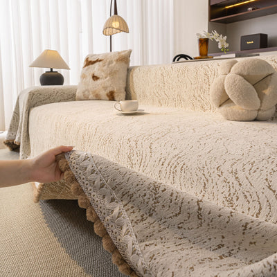 16 of 31:Luxury Elegant Chenille Sofa Throw Cover with Floral Embroidered Lace & Pom-Pom Trim 