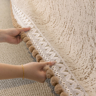 17 of 31:Luxury Elegant Chenille Sofa Throw Cover with Floral Embroidered Lace & Pom-Pom Trim 