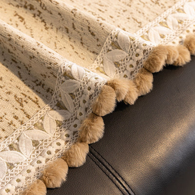 22 of 31:Luxury Elegant Chenille Sofa Throw Cover with Floral Embroidered Lace & Pom-Pom Trim 
