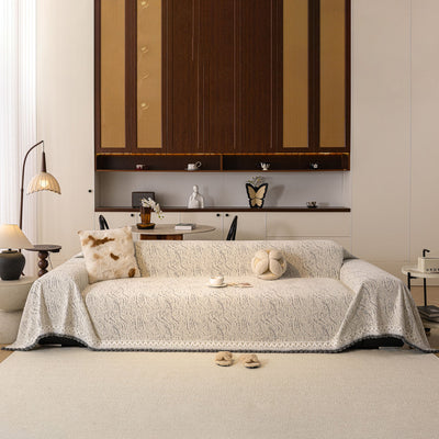 30 of 31:Luxury Elegant Chenille Sofa Throw Cover with Floral Embroidered Lace & Pom-Pom Trim 