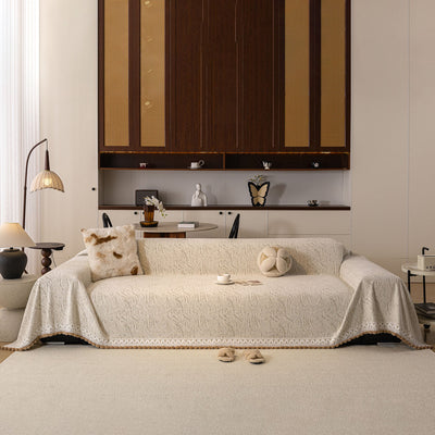 31 of 31:Luxury Elegant Chenille Sofa Throw Cover with Floral Embroidered Lace & Pom-Pom Trim 