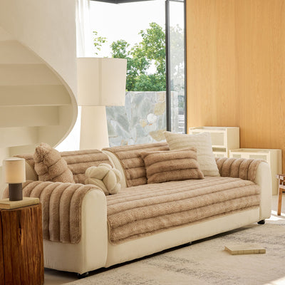 31 of 40:Plush Faux Rabbit Fur Sofa Cover, Warm Non-Slip Couch Protector for Leather Sofas 