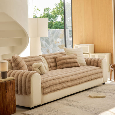 8 of 40:Plush Faux Rabbit Fur Sofa Cover, Warm Non-Slip Couch Protector for Leather Sofas 