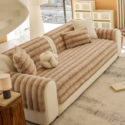 30 of 40:Plush Faux Rabbit Fur Sofa Cover, Warm Non-Slip Couch Protector for Leather Sofas 