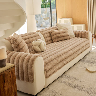 9 of 40:Plush Faux Rabbit Fur Sofa Cover, Warm Non-Slip Couch Protector for Leather Sofas 