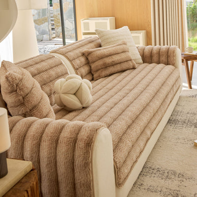 29 of 40:Plush Faux Rabbit Fur Sofa Cover, Warm Non-Slip Couch Protector for Leather Sofas 