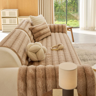 10 of 40:Plush Faux Rabbit Fur Sofa Cover, Warm Non-Slip Couch Protector for Leather Sofas 