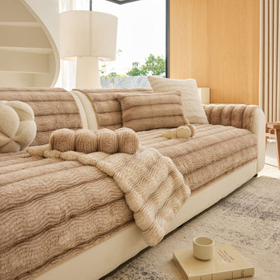 27 of 40:Plush Faux Rabbit Fur Sofa Cover, Warm Non-Slip Couch Protector for Leather Sofas 