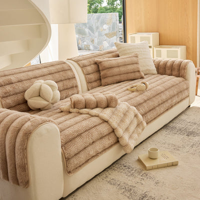 12 of 40:Plush Faux Rabbit Fur Sofa Cover, Warm Non-Slip Couch Protector for Leather Sofas 