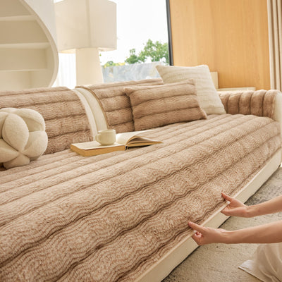13 of 40:Plush Faux Rabbit Fur Sofa Cover, Warm Non-Slip Couch Protector for Leather Sofas 