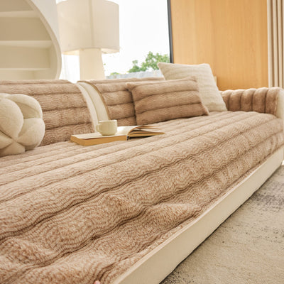 24 of 40:Plush Faux Rabbit Fur Sofa Cover, Warm Non-Slip Couch Protector for Leather Sofas 