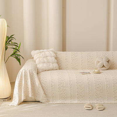 21 of 25:Textured Striped Sofa Throw Cover, Soft Woven Couch Protector with Fringe Edges 