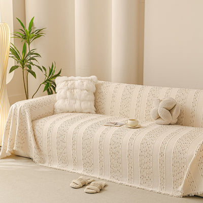 3 of 25:Textured Striped Sofa Throw Cover, Soft Woven Couch Protector with Fringe Edges 