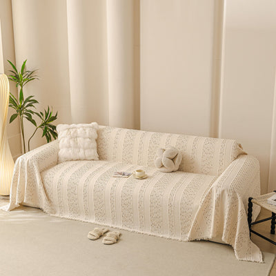 19 of 25:Textured Striped Sofa Throw Cover, Soft Woven Couch Protector with Fringe Edges 