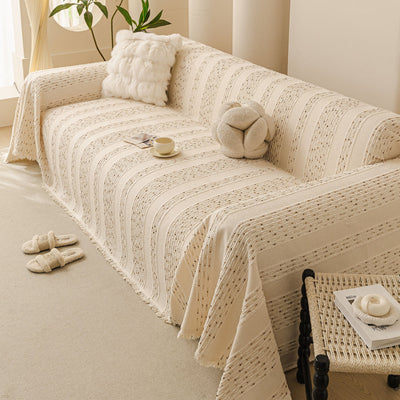 5 of 25:Textured Striped Sofa Throw Cover, Soft Woven Couch Protector with Fringe Edges 