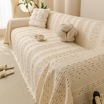 6 of 25:Textured Striped Sofa Throw Cover, Soft Woven Couch Protector with Fringe Edges 