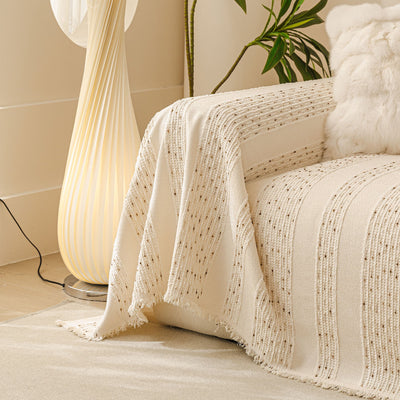 7 of 25:Textured Striped Sofa Throw Cover, Soft Woven Couch Protector with Fringe Edges 