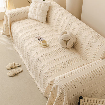 8 of 25:Textured Striped Sofa Throw Cover, Soft Woven Couch Protector with Fringe Edges 