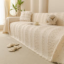 17 of 25:Textured Striped Sofa Throw Cover, Soft Woven Couch Protector with Fringe Edges 